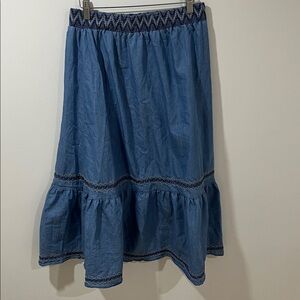 Lapis Women’s Skirt Medium 100% Cotton Bohemian Tiered Embroidered Chambray Blue